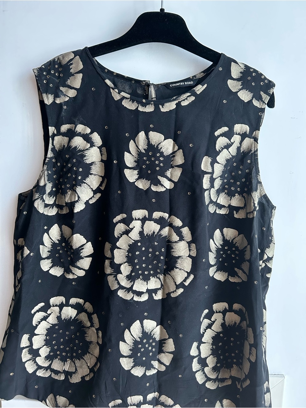Black Silk Sleeveless Top with Pale Gold Shimmer Print, size M